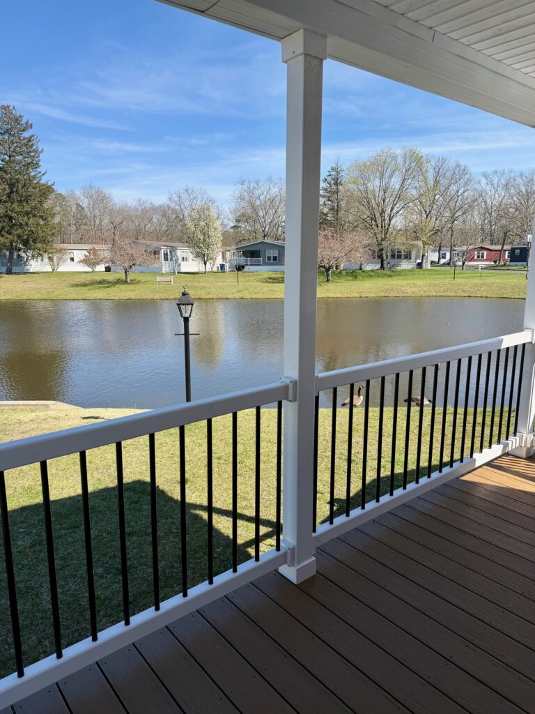 scenic pond view at affordable 55+ Pine View Terrace home for sale under $200K